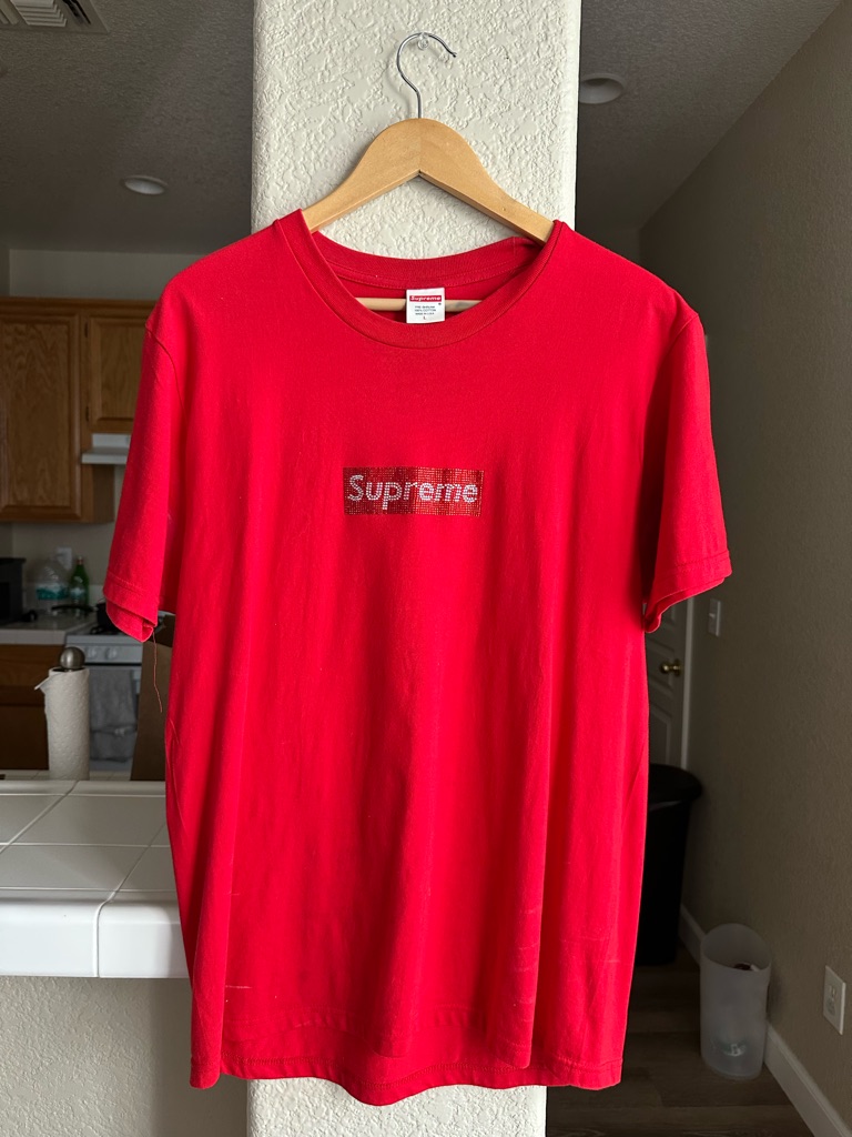 Supreme Red Box Logo Swarovski Shirt - Men's Casual Tee
